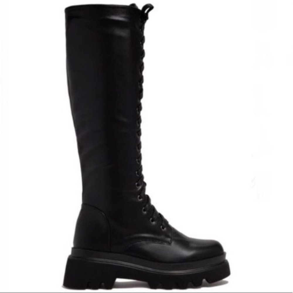 !! NEW !! Knee High Lack Up Combat Boots with Side Zip in Taupe - Picture 8 of 8